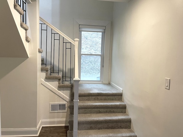 stairway with hardwood / wood-style flooring