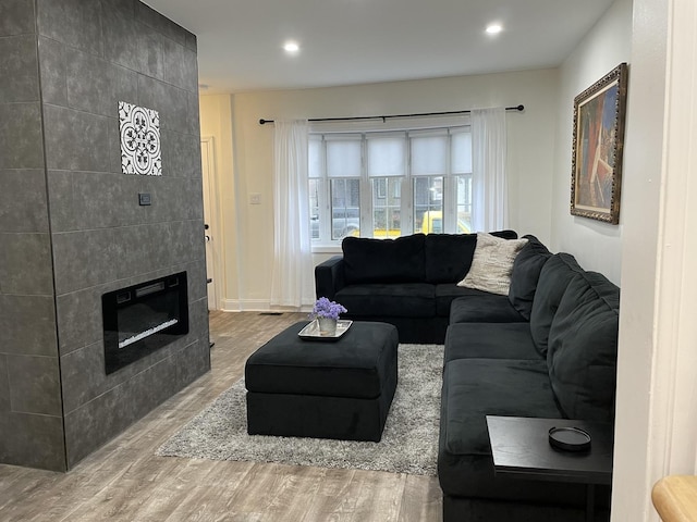 living room with a fireplace and hardwood / wood-style floors