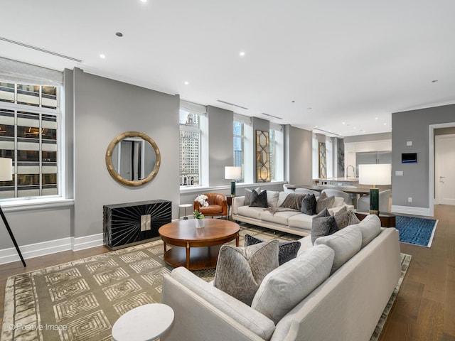 living room with sink and hardwood / wood-style floors