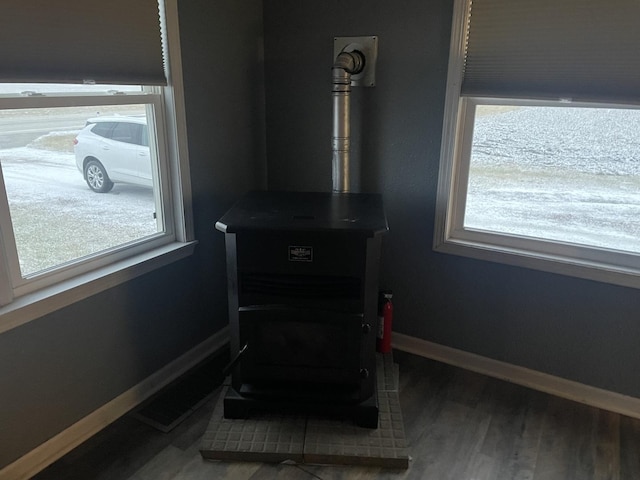 details with a wood stove and hardwood / wood-style flooring