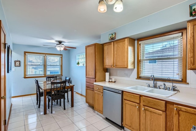 kitchen featuring ceiling fan, dishwasher, light tile patterned floors, and sink