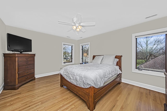 bedroom with light hardwood / wood-style floors and ceiling fan