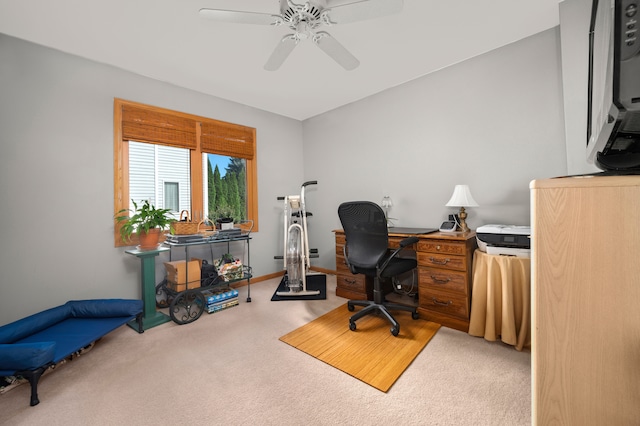 carpeted office space featuring ceiling fan