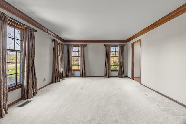 spare room featuring light colored carpet, a healthy amount of sunlight, and ornamental molding