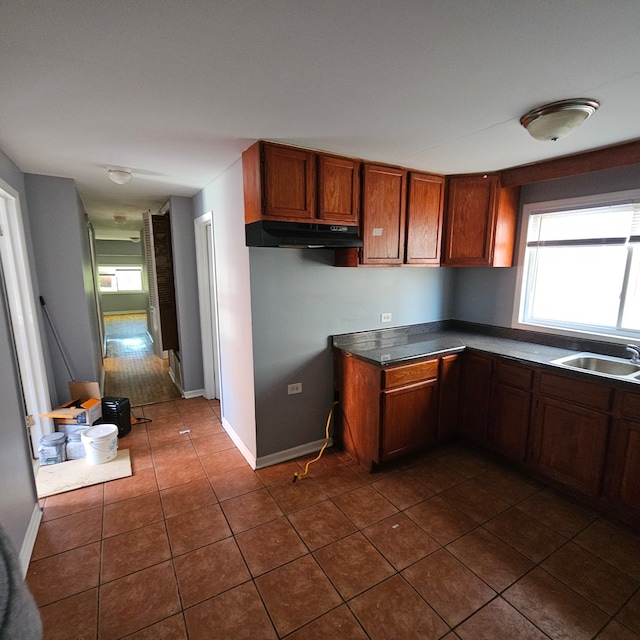 kitchen with sink and dark tile patterned flooring