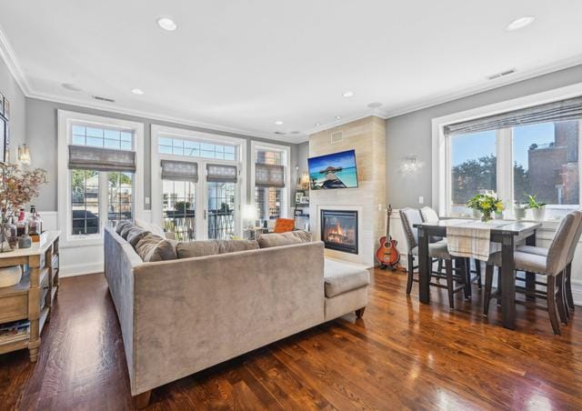 living room with a large fireplace, dark hardwood / wood-style floors, and ornamental molding