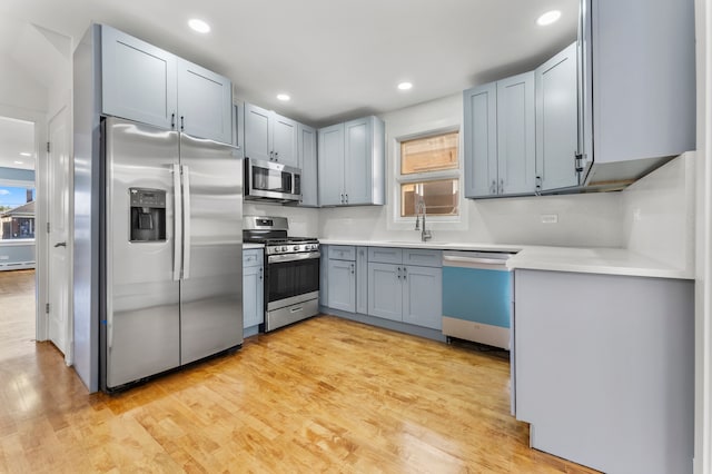 kitchen featuring gray cabinetry, sink, stainless steel appliances, and light hardwood / wood-style flooring