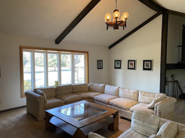 living room featuring beam ceiling, carpet floors, a chandelier, and high vaulted ceiling