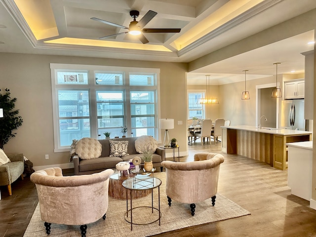 living room with ceiling fan with notable chandelier, a raised ceiling, light wood-type flooring, and sink