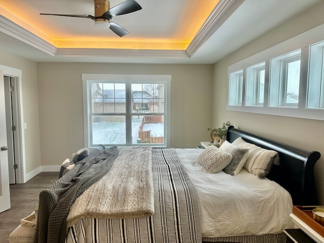 bedroom featuring a raised ceiling, multiple windows, and ceiling fan