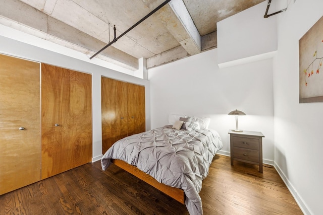 bedroom with wood-type flooring and two closets