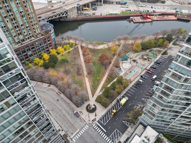 bird's eye view with a water view