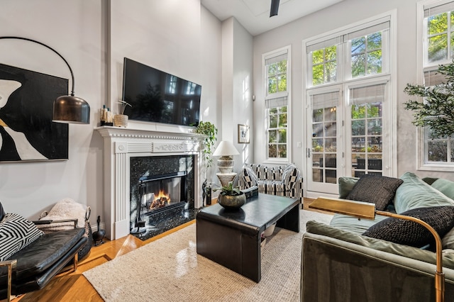 living room with a premium fireplace, a towering ceiling, a healthy amount of sunlight, and light hardwood / wood-style floors