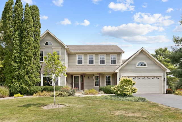 view of front of home with a front lawn and a garage