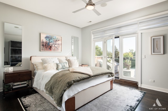 bedroom with access to exterior, ceiling fan, and dark wood-type flooring