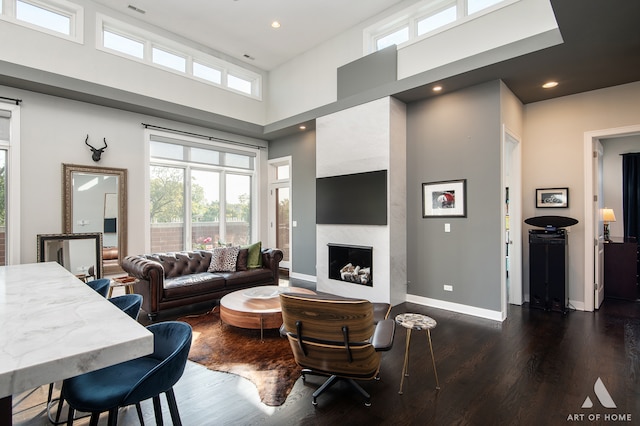 living room featuring a large fireplace, dark hardwood / wood-style floors, and a high ceiling