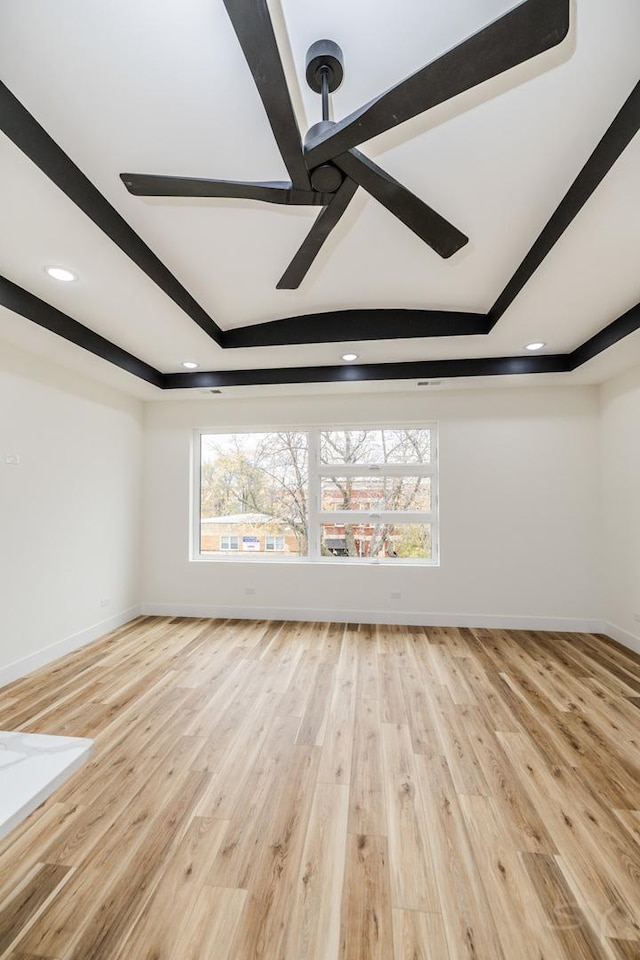 interior space with a raised ceiling and light hardwood / wood-style flooring