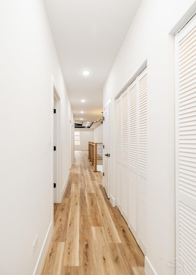 hall with plenty of natural light and light hardwood / wood-style floors