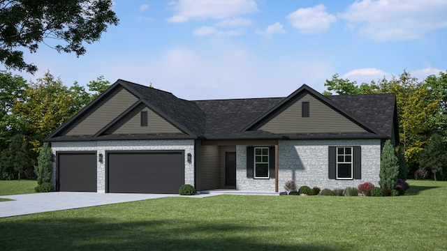 ranch-style home featuring a garage and a front lawn