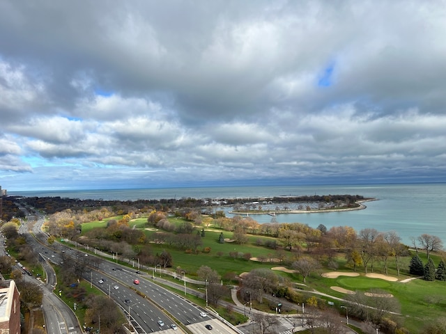 aerial view featuring a water view