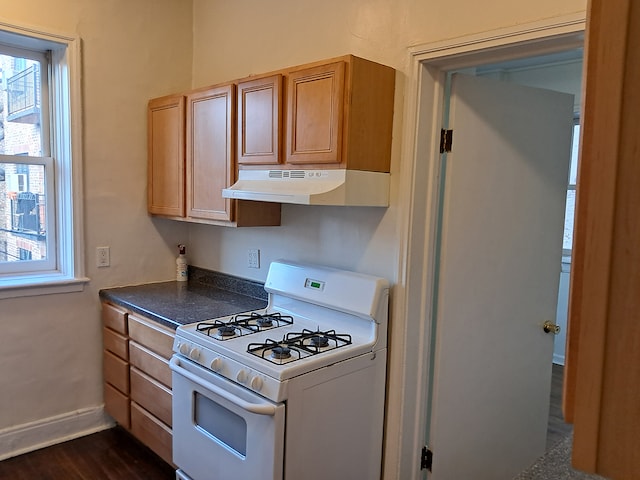 kitchen featuring dark wood-type flooring and white range with gas stovetop