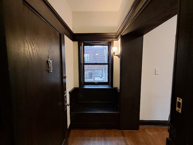 hallway with dark hardwood / wood-style floors