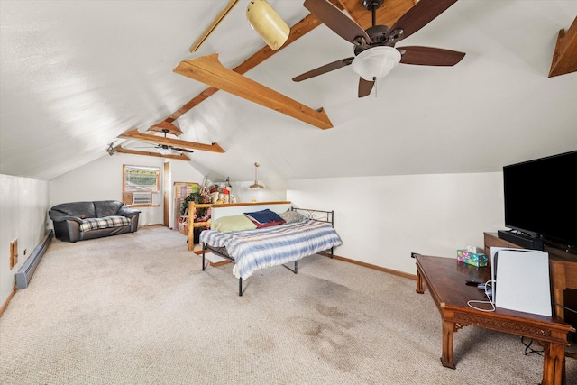 3820 W 117th St, Alsip, IL 60803 - bedroom with baseboard heating, lofted ceiling, carpet floors, a ceiling fan, and cooling unit