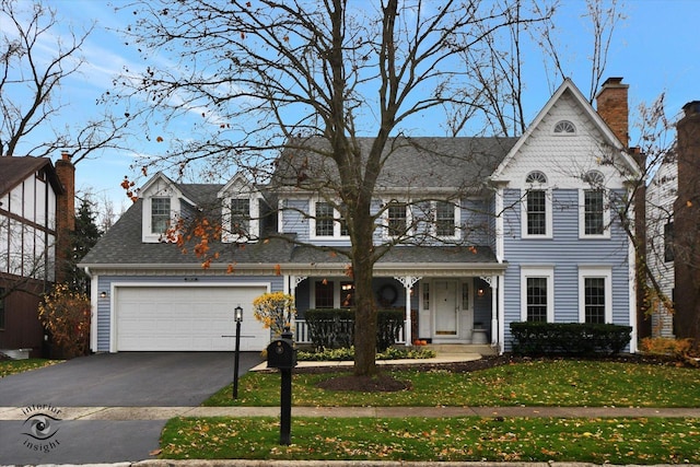 view of front facade with a front yard, a porch, and a garage