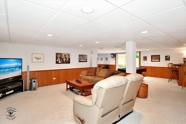 living room featuring carpet and billiards