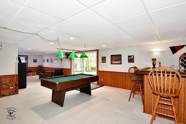 playroom with indoor bar, carpet floors, and billiards