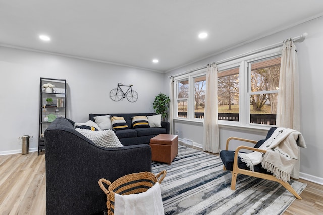 living room featuring light hardwood / wood-style flooring and ornamental molding