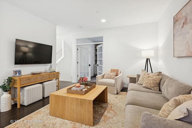 living room featuring dark wood-type flooring