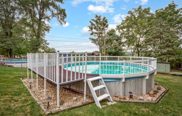 view of swimming pool with a storage shed and a yard