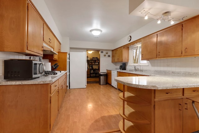 kitchen featuring backsplash, stainless steel appliances, light hardwood / wood-style floors, and sink