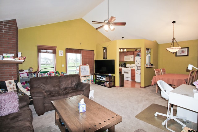 living room with carpet flooring, ceiling fan, high vaulted ceiling, and a brick fireplace