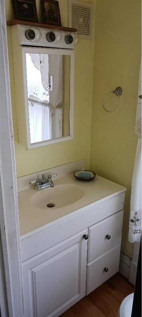 bathroom featuring vanity and hardwood / wood-style floors