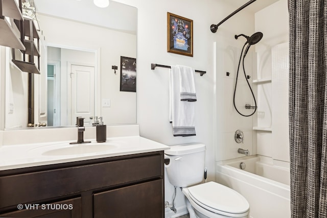 full bathroom featuring vanity, shower / tub combo, and toilet