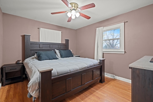 bedroom with ceiling fan and light hardwood / wood-style flooring