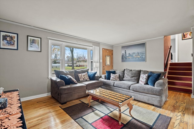 living room with wood-type flooring and crown molding