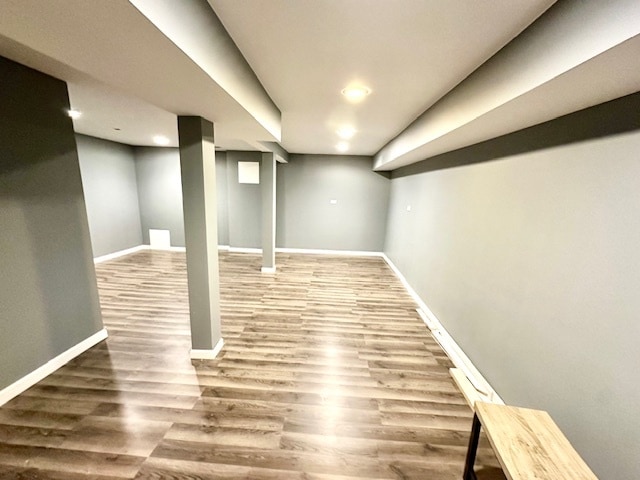 basement with hardwood / wood-style flooring