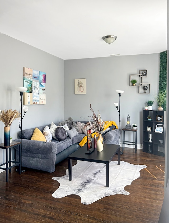 living room with dark hardwood / wood-style flooring