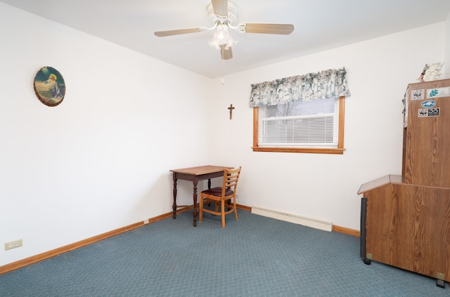 interior space with baseboard heating, ceiling fan, and carpet