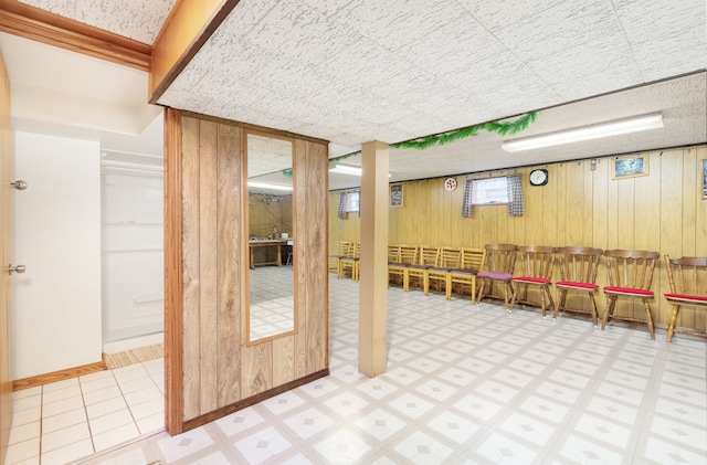 basement featuring wood walls