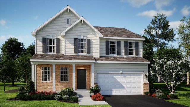 traditional home with aphalt driveway, a front lawn, brick siding, an attached garage, and a shingled roof