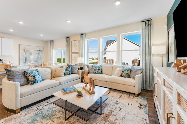 living area featuring light wood finished floors and recessed lighting