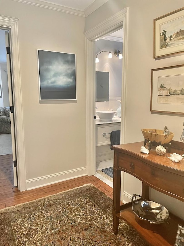 bathroom with hardwood / wood-style flooring and ornamental molding