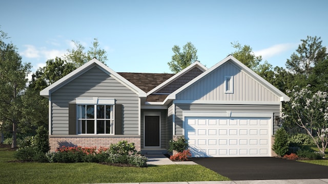 craftsman-style house with entry steps, a front lawn, brick siding, a garage, and driveway