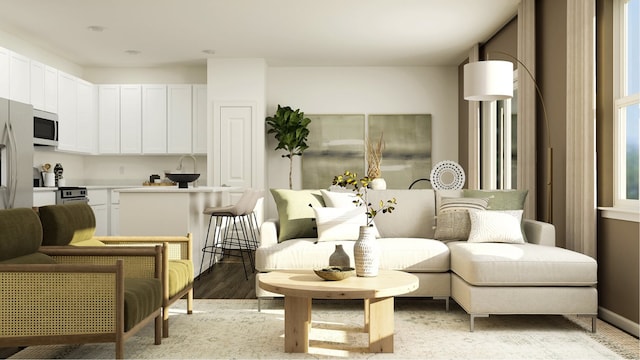 living room featuring light hardwood / wood-style flooring and sink