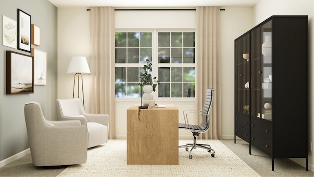 sitting room featuring light carpet