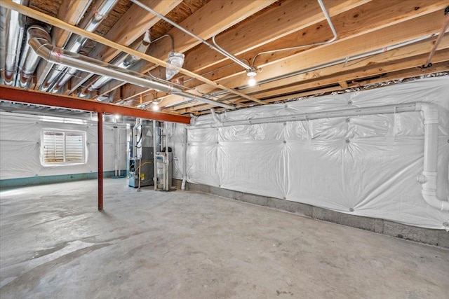 basement with heating unit and water heater